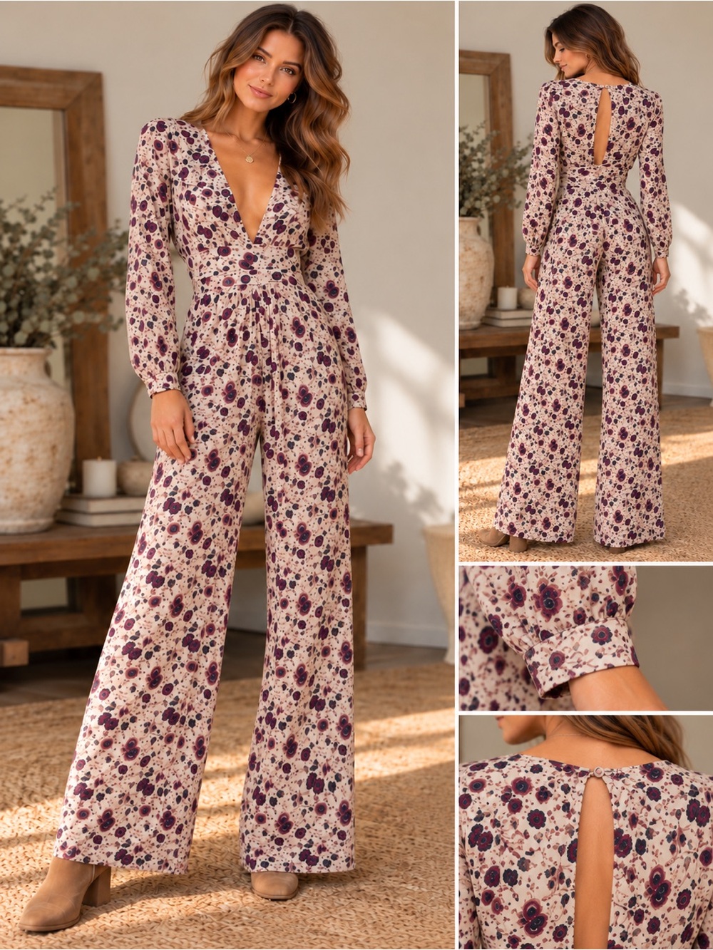 Free People Some Like It Hot Jumpsuit Size 0 Floral Deep V Neck Wide Leg Boho